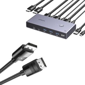 UGREEN 8K Displayport KVM Switch DP 1.4 with 4 USB 3.0 Ports (3 USB-A + 1 USB-C) Bundle with UGREEN VESA Certified 8K DisplayPort Cable 6.6FT, DP 1.4 Cable