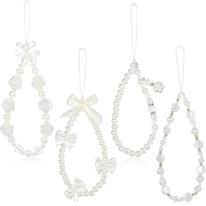 4pcs Phone Charms Strap, Phone Wrist Strap Beaded Phone Strap Pearl Butterfly Phone Charm Cute Phone Charms Aesthetic Love Phone Chain Y2k Cell Phone Lanyard Wrist Strap for Camera Keychain