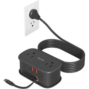 Travel Power Strip, BEVA 5ft Flat Plug Extension Cord with Retractable USB C Cable, Portable Power Strip Flat Plug 2 Outlets 3 USB Ports, Compact for Travel Hotel Cruise Essentials (Black)