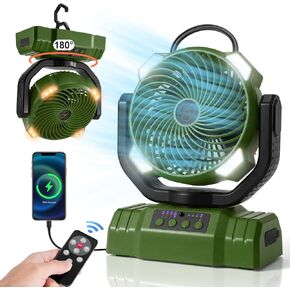 Odoland Portable Camping Fan with LED Light, 30000mAh Rechargeable Battery Operated Oscillating with Remote & Hook, Outdoor Tent Fan with Timer, 4 Speeds for Power Outage Travel Jobsite, Green
