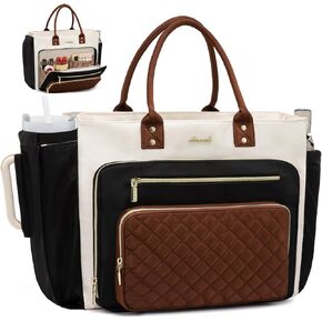 LOVEVOOK Teacher Tote Bag for Women Work, Laptop Bag With Large Cup Holder, Nurse Bags Professional Briefcase Business Computer Purses Handbag, Black-Beige-Brown, 15.6 Inch