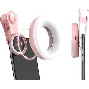 Portable Phone Camera Lens Accessories for Macro Shooting - Wide Angle Pink Macro Lens for iPhone - Camera Attachment for Cell Phone for Girls with Dimming Ring Light and Сonvenient Clip-on
