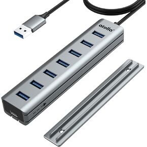 USB Hub 3.0, atolla 7-Port USB Hub Splitter with Sliding Rails for Fixing to Table/Host/Tile Wall Edges, Compatible with MacBook, Laptop, Surface Pro, PS4, PC, Flash Drive, Mobile HDD