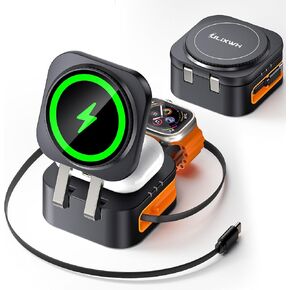 Retractable 3 in 1 Charging Station for Apple, 15W Fast for Magsafe Foldable Magnetic Wireless Charging Stand with Retractable Cable, for Travel, for iPhone 16/15/14/13, Apple Watch, AirPods