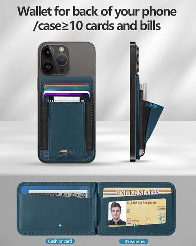 Miroddi MagSafe Wallet Stand, Leather Magnetic Phone Wallet for iPhone 16/15/14/13/12 Series, Strongest Magnetic Card Holder with Adjustable Stand, ID Window, Fits 10 Cards, RFID Blocking, Dark Blue in Kuwait
