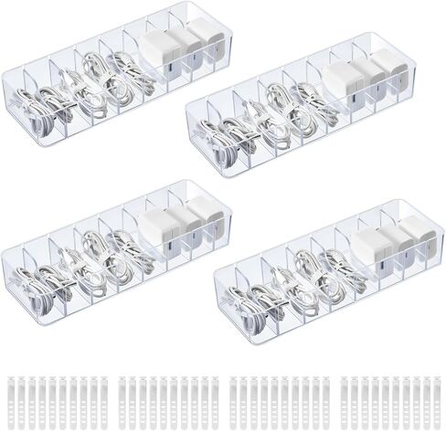 4 Pack Plastic Cord Organizer Box with 40 Wire Ties, Electronics Accessories Storage Case, Clear Cell Phone Cord Storage Organizer with 8 Compartments for Home Office Desk Organizers in Saudi Arabia