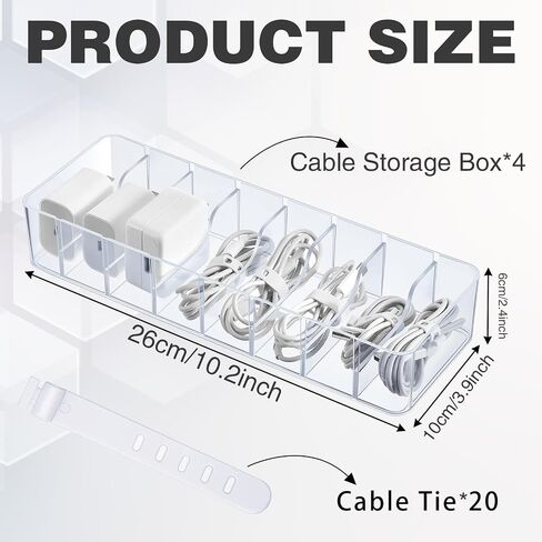 4 Pack Plastic Cord Organizer Box with 40 Wire Ties, Electronics Accessories Storage Case, Clear Cell Phone Cord Storage Organizer with 8 Compartments for Home Office Desk Organizers in Saudi Arabia
