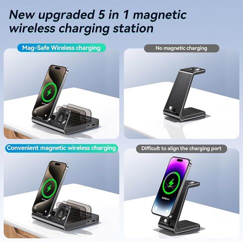 5 in 1 Wireless Charging Station Magnetic Wireless Mag-Safe Fast Charger Stand for Apple Devices Wireless Charger for iPhone 16/15/14/13/12 Pro Max Series, iWatch Series & Airpods Pro, Black in Saudi Arabia