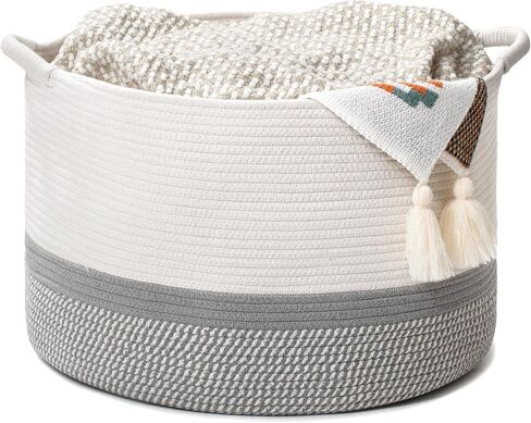 Large Woven Cotton Rope Storage Basket with Handles, Versatile Laundry Hamper & Blanket Storage, Stylish Round Design for Toys, Pillows, and Home Décor in Living Room, Bedroom & Laundry Room, 20"x13" in Saudi Arabia