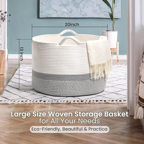 Large Woven Cotton Rope Storage Basket with Handles, Versatile Laundry Hamper & Blanket Storage, Stylish Round Design for Toys, Pillows, and Home Décor in Living Room, Bedroom & Laundry Room, 20"x13" in Saudi Arabia