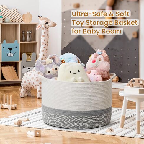 Large Woven Cotton Rope Storage Basket with Handles, Versatile Laundry Hamper & Blanket Storage, Stylish Round Design for Toys, Pillows, and Home Décor in Living Room, Bedroom & Laundry Room, 20"x13" in Saudi Arabia