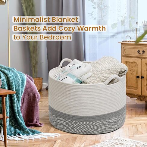 Large Woven Cotton Rope Storage Basket with Handles, Versatile Laundry Hamper & Blanket Storage, Stylish Round Design for Toys, Pillows, and Home Décor in Living Room, Bedroom & Laundry Room, 20"x13" in Saudi Arabia