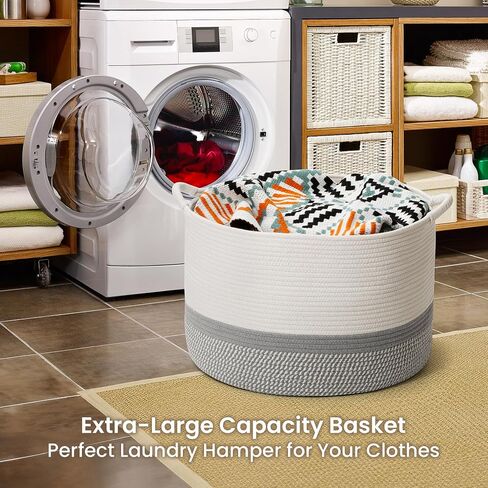 Large Woven Cotton Rope Storage Basket with Handles, Versatile Laundry Hamper & Blanket Storage, Stylish Round Design for Toys, Pillows, and Home Décor in Living Room, Bedroom & Laundry Room, 20"x13" in Saudi Arabia