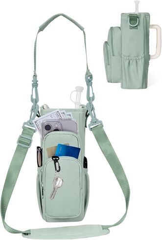 Water Bottle Carrier Bag with Strap for Stanley 40 Oz Insulated Water Bottle Carrier Sling Bag with Phone Pocket Water Bottle Sleeve with Straw Cover for Stanley Cup Accessories Green Patent Pending in Kuwait
