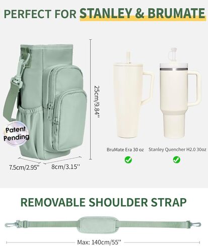 Water Bottle Carrier Bag with Strap for Stanley 40 Oz Insulated Water Bottle Carrier Sling Bag with Phone Pocket Water Bottle Sleeve with Straw Cover for Stanley Cup Accessories Green Patent Pending in Kuwait