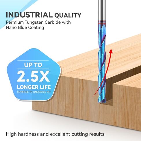 HQMaster 5 Pcs Spiral CNC Router Bits Set Down Cut 1/4" Shank Solid Carbide Spiral Downcut CNC Bits with Nano Blue Coating End Mill for Wood Cut Carving Engraver 1/8" Cutting Dia. in Kuwait