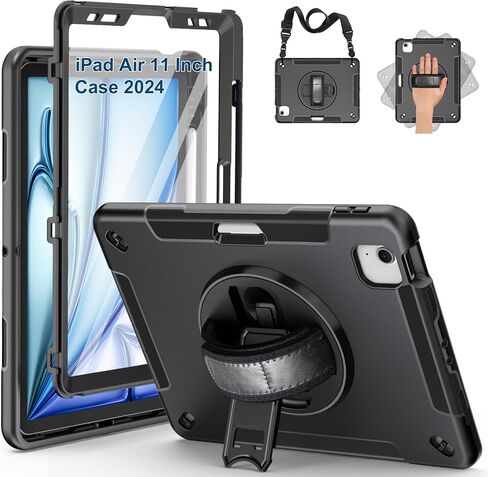 SUPFIVES 2022 iPad Pro 11 inch Case (4th Generation),Upgraded Military Grade Shockproof Silicone iPad Pro 11 4th/3rd/2nd Gen Cover Pencil Holder+ Handle+ Shoulder Strap+ Rotating Kickstand, Black in Saudi Arabia