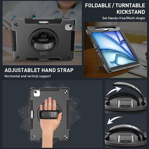 SUPFIVES 2022 iPad Pro 11 inch Case (4th Generation),Upgraded Military Grade Shockproof Silicone iPad Pro 11 4th/3rd/2nd Gen Cover Pencil Holder+ Handle+ Shoulder Strap+ Rotating Kickstand, Black in Saudi Arabia