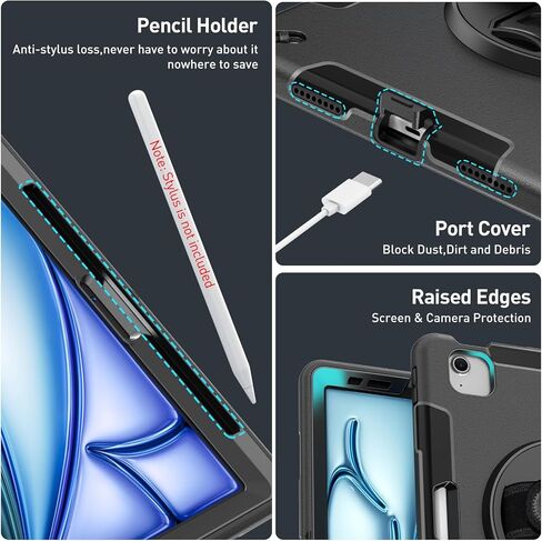SUPFIVES 2022 iPad Pro 11 inch Case (4th Generation),Upgraded Military Grade Shockproof Silicone iPad Pro 11 4th/3rd/2nd Gen Cover Pencil Holder+ Handle+ Shoulder Strap+ Rotating Kickstand, Black in Saudi Arabia