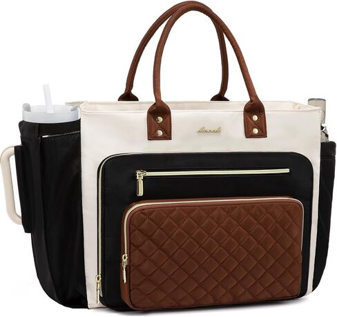 Lovevook Teacher Tote Bag for Women Work ، حقيبة كمبيوتر محمول مع حامل كوب كبير ، حقائب ممرضة حقيبة محترفة أجهزة الكمبيوتر المحافظ حقيبة يد ، أسود-بيج بني ، 15.6 بوصة in Kuwait