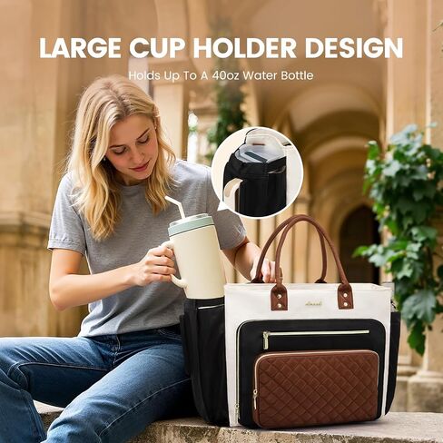 Lovevook Teacher Tote Bag for Women Work ، حقيبة كمبيوتر محمول مع حامل كوب كبير ، حقائب ممرضة حقيبة محترفة أجهزة الكمبيوتر المحافظ حقيبة يد ، أسود-بيج بني ، 15.6 بوصة in Kuwait