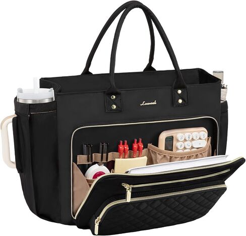 Lovevook Teacher Tote Bag for Women Work ، حقيبة كمبيوتر محمول مع حامل كوب كبير ، حقائب ممرضة حقيبة محترفة أجهزة الكمبيوتر المحافظ حقيبة يد ، أسود-بيج بني ، 15.6 بوصة in Kuwait