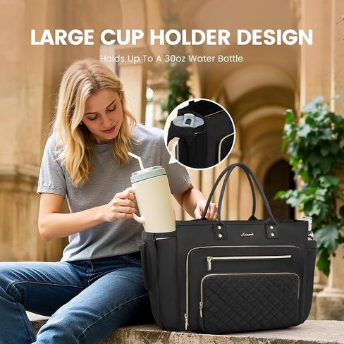 Lovevook Teacher Tote Bag for Women Work ، حقيبة كمبيوتر محمول مع حامل كوب كبير ، حقائب ممرضة حقيبة محترفة أجهزة الكمبيوتر المحافظ حقيبة يد ، أسود-بيج بني ، 15.6 بوصة in Kuwait