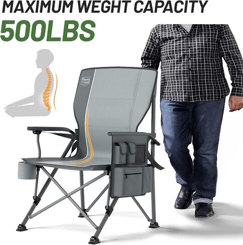 TIMBER RIDGE Oversized Folding Camping Chair with Lumbar Support Adjustable High Back Heavy Duty for Adults Support up to 500lbs with Cup Holder, Cooler Bag, Side Pocket, Grey in Saudi Arabia
