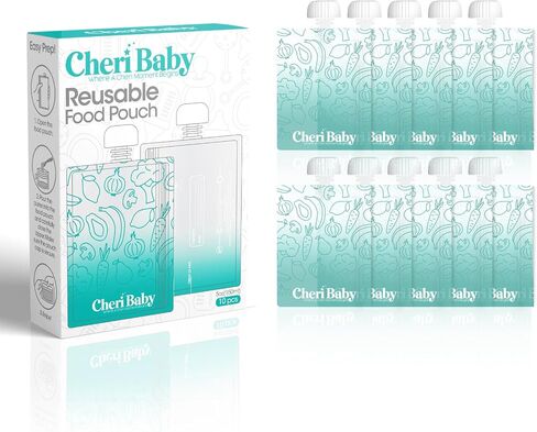 CheriBaby Reusable Baby Food Pouches for Toddlers, BPA Free Plastic, Food Safe, Freezer Safe, Refillable Squeeze Pouch for Applesauce, Yogurt & Puree, Leakproof Double Lock Zipper, 10 Packs, 7oz in Saudi Arabia