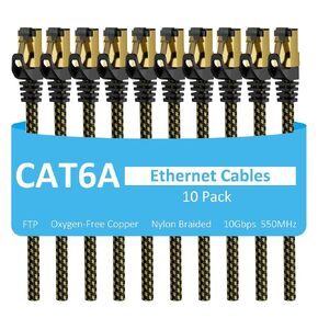 Cat6A Ethernet Cables 12 FT (5-Pack), Snagless CAT6 RJ45 10Gbps Ethernet Cable, FTP Shielded Ethernet Patch Cord, Cat6 Internet Network LAN Cable, Oxygen-Free Copper, Cat 6 Cable, Gold-Plated Plug