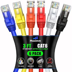 Maximm Cat 6 Ethernet Cable 6 ft (6-Pack) - High-Speed LAN Cable, Internet Cable, Patch Cable, and Network Cable - UTP, 10Gbps, 550MHz Ethernet Cord - Multicolor