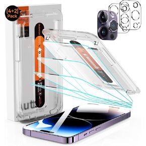 DIMONCOAT [4+2 Pack for iPhone 14 Pro Screen Protector [Auto Alignment Kit] with Camera Lens Protector [10X Military Protection] Tempered Glass Compatible iPhone 14 Pro 6.1'' HD Film [Bubble Free]