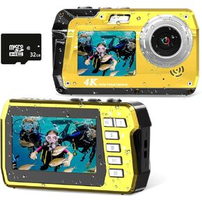 Underwater Camera 4K 48MP Waterproof Digital Camera with 32GB Card, Dual-Screen Selfie (Front & Rear), 10FT/3M Dive for Snorkeling, Surfing, Rafting, Swimming, Travel