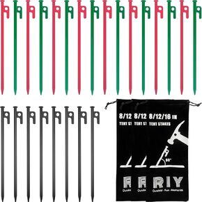 RIY Steel Tent Stakes Heavy Duty, 24 PCS 12"-Black & Red & Green