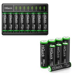 HiQuick 8 Bay Smart Battery Charger with 8 Pack AA Battery Set & 4 AAA 4 AA Rechargeable Batteries Bundle