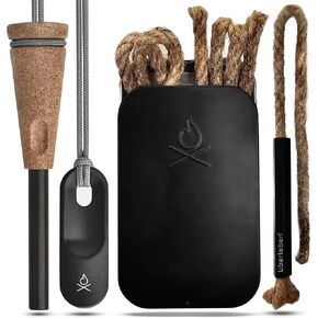 überleben Zünden 2.0 Fire Starter & Tindår Tinder Wick Bundle - 3/8" Ferro Rod w/Ergonomic Striker (15,000 Strikes), Waterproof Hemp Wick (60 Min Burn Time) - Bushcraft, Camping, & Survival Kit