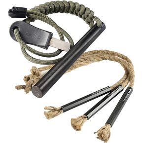 bayite 4 Inch Survival Flint Fire Starter Ferro Rod Kit with Striker, CrocSee Pack of 3 Survival Wick Hemp Cords Tinder