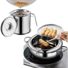Deep Fryer Pot with Grease Container, Japanese Tempura Small 304 Stainless Steel Deep Frying Pot With Thermometer, 1.8L / 61fl oz Oil Storage Strainer Oil Filter with Fine Mesh Strainer