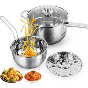 Yuehuam Stainless Steel Cooking Pot Deep Fryer with Basket, Deep Frying Pot with Glass Lid Strainer, 8. 7 inch Perfect For Frying Fish Shrimp Chicken and Fries