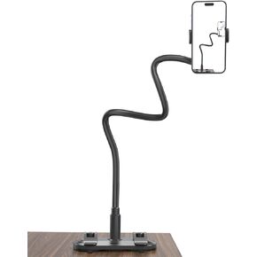 Gooseneck Phone Holder for Bed with Clamp, Adhesive Gooseneck Base Bed Phone Holder Long Arm Phone Bed Mount Cell Phone Holder Stand for Desk Compatible with All Cellphones(4"-7"), Black