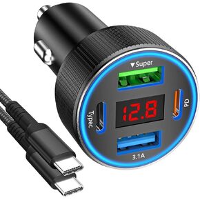 USB C Car Charger, 78W 4 Port Car Phone Charger Adapter Fast Charging, Dual USB C Car USB Adapter for iPhone 16 15 14 13 12, iPad, Samsung Glaxy, Android (Black)