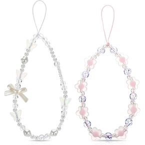 2 Pcs Beaded Phone Wrist Strap, Crystal Butterfly Flower Pearl Phone Bracelet Strap Cute Phone Charm Y2k Lanyard for Women Phone Camera Keychain Wallet Pendant Decor