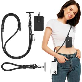 Phone Lanyard, Adjustable Anti Theft Phone Strap Crossbody Wrist Strap with RFID-Blocking Wallet & 2pcs 360° Phone Tabs Compatible for All Phones, Skin-Friendly, Premium Metal Buckles, Black