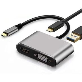 USB C to VGA Multi Adapter, 4-in-1 USB C to HDMI VGA Adapter for Dual Monitors with PD Charging and USB 3.0 Port, 1080p Display Adapter Compatible with MacBook Pro, Surface, Dell XPS, HP, and More