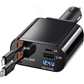شاحن سيارة Ticci قابل للسحب [60W USB C مع الكابلات] شاحن السيارة شحن سريع لـ iPhone 16 ، 4 in1 هدية شاحن السيارات القابلة للسحب للرجال ، شاحن هاتف USB لـ iPhone 16 15 14 13 Android ، Black