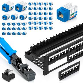 Bundle – 4 Items: 48 Port Keystone Patch Panel (1-Pack) + 90° Angled Speed Termination Tool (easyJACK) + Replacement Head + 90° Angled RJ45 Cat6 Keystone Jacks in Blue (50 Pack)