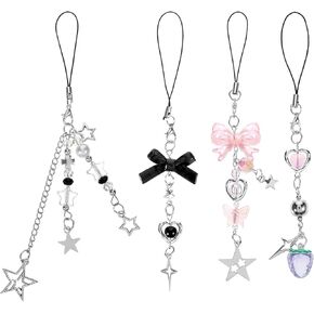4Pcs Black & Pink Y2k Cell Phone Charms Cute Phone Charms Trendy Pink Strawberry Butterfly Star Phones Charm Aesthetic Accessories for Phones Bag Keychain Game Console Headphones Camera Pendants Decor