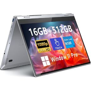 Touchscreen Laptop Computer, 14 Inch 2 in 1 Gaming Laptop, Intel N100, 16GB RAM 1TB SSD, 1920 x 1080, Fingerprint Unlock, Backlit Keyboard, Windows 11 Pro, Wi-Fi 6, BT5.2, Silver.