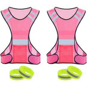 2 Pcs Reflective Running Vest,High Visibility Reflector Vest,Reflective Vest Safety Running Gear,High Visibility Mesh Construction Vest with 4 Bands,for Running,Biking,Walking,Women,Men,Pink