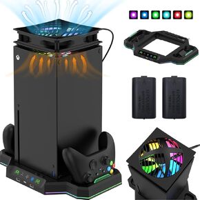 G&G&G&St xbox series x accessories brand cooling fan, for xbox Series x Fan Cooling System, 8 RGB Light Mode, 2*1400mA can Recharge the Battery, Earphone holder and game CD storage and charging